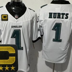 Philadelphia Eagles #1 Jalen Hurts Limited White Captain Patch FUSE Vapor Jersey