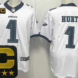Philadelphia Eagles #1 Jalen Hurts Limited White Captain Patch Vapor Jersey