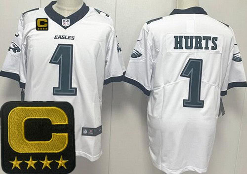 Philadelphia Eagles #1 Jalen Hurts Limited White Captain Patch Vapor Jersey