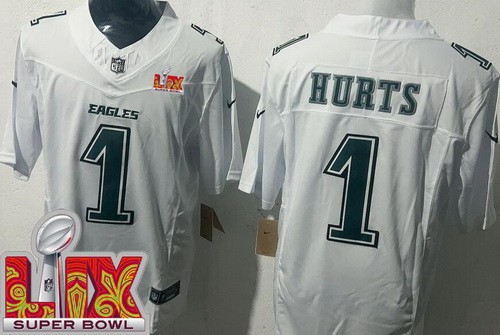 Philadelphia Eagles #1 Jalen Hurts Limited White Fashion Super Bowl LIX FUSE Vapor Jersey