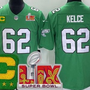 Philadelphia Eagles #62 Jason Kelce Limited Kelly Green C Patch Super Bowl LIX Vapor Jersey