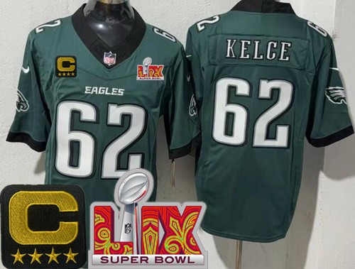 Philadelphia Eagles #62 Jason Kelce Limited Midnight Green C Patch Super Bowl LIX FUSE Vapor Jersey