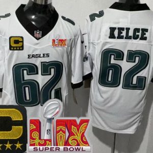 Philadelphia Eagles #62 Jason Kelce Limited White C Patch Super Bowl LIX FUSE Vapor Jersey