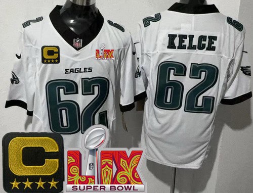 Philadelphia Eagles #62 Jason Kelce Limited White C Patch Super Bowl LIX FUSE Vapor Jersey