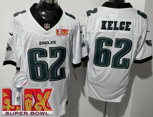Philadelphia Eagles #62 Jason Kelce Limited White Super Bowl LIX FUSE Vapor Jersey