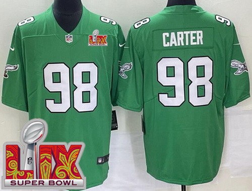 Philadelphia Eagles #98 Jalen Carter Limited Kelly Green Super Bowl LIX Vapor Jersey