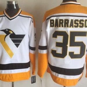 Pittsburgh Penguins #35 Tom Barrasso White Yellow Throwback Jersey