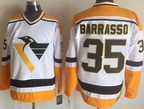Pittsburgh Penguins #35 Tom Barrasso White Yellow Throwback Jersey