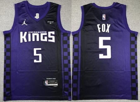 Sacramento Kings #5 De'Aaron Fox Purple Black Statement Icon Sponsor Swingman Jersey