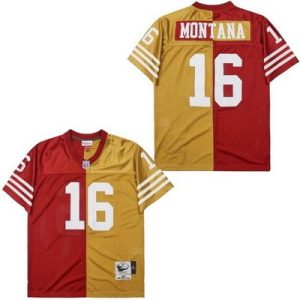 San Francisco 49ers #16 Joe Montana Red Gold Split 1990 Throwback Jersey