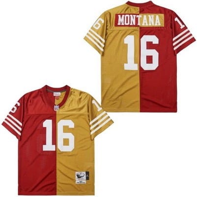San Francisco 49ers #16 Joe Montana Red Gold Split 1990 Throwback Jersey