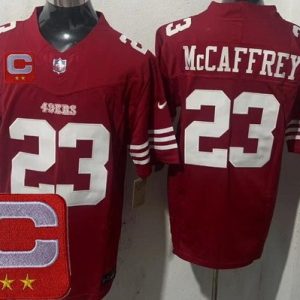 San Francisco 49ers #23 Christian McCaffrey Limited Red 2025 Captain Patch FUSE Vapor Jersey