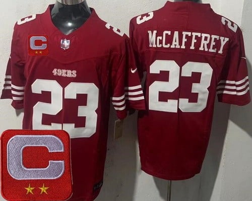 San Francisco 49ers #23 Christian McCaffrey Limited Red 2025 Captain Patch FUSE Vapor Jersey