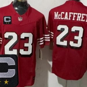 San Francisco 49ers #23 Christian McCaffrey Limited Red Alternate 2025 Captain Patch FUSE Vapor Jersey