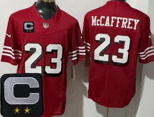 San Francisco 49ers #23 Christian McCaffrey Limited Red Alternate 2025 Captain Patch FUSE Vapor Jersey
