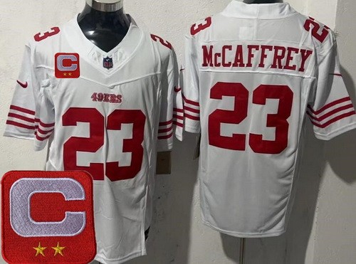 San Francisco 49ers #23 Christian McCaffrey Limited White 2025 Captain Patch FUSE Vapor Jersey