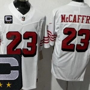 San Francisco 49ers #23 Christian McCaffrey Limited White Alternate 2025 Captain Patch FUSE Vapor Jersey