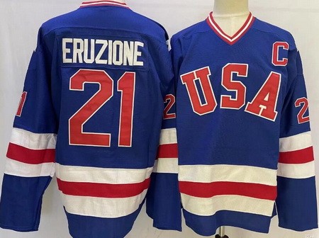 USA #21 Mike Eruzione Blue 1980 Olympics Authentic Jersey